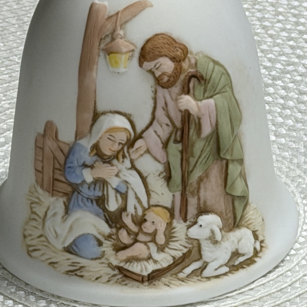 Vintage Homco Porcelain Bisque Bell, Christmas Nativity Scene, 5.75" Tall